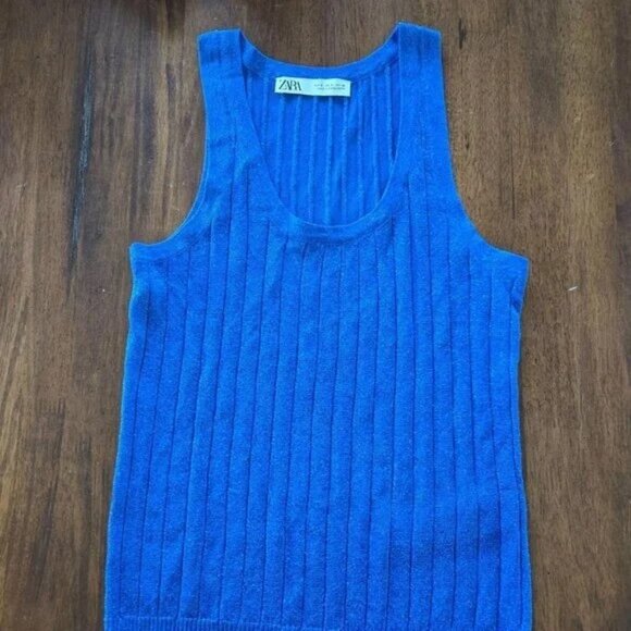 Women's Ribbed Blue Knit Tank Top - Picture 1 of 5